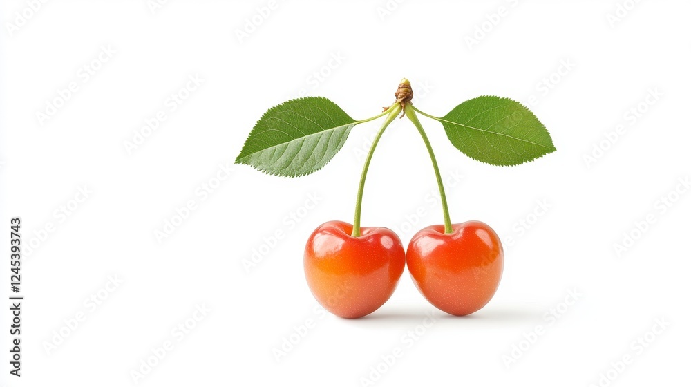 Obraz premium Fresh Red Cherries with Green Leaves on White Background