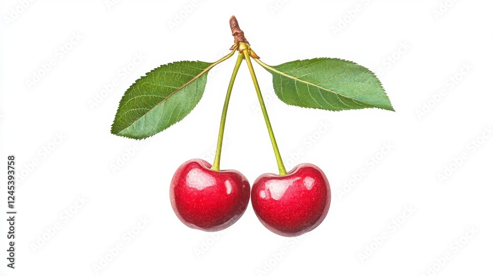 Obraz premium Fresh Red Cherries with Green Leaves on White Background