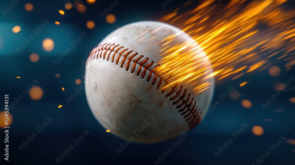 High speed baseball zooming through the air with fiery glowing and luminous visual effects capturing the dynamic and intense energy of the game in motion on the playing field High speed baseball zooming through the air with fiery glowing and luminous visual effects capturing the dynamic and intense energy of the game in motion on the playing field