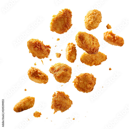 Floating fried chicken nuggets, dynamic view with crumbs scattering, isolated on white background.