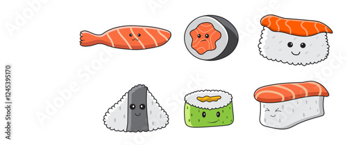 Sushi character illustration with faces for kids design poster