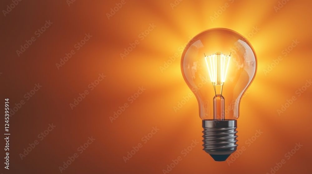 Glowing incandescent light bulb with illuminated filament against a warm glowing orange background Concept of innovation creativity and the power of ideas Glowing incandescent light bulb with illuminated filament against a warm glowing orange background Concept of innovation creativity and the power of ideas