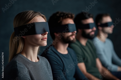 A group of people wearing black blindfolds, sitting in a row against a dark background. The image symbolizes ignorance, control, manipulation, social influence, conformity, and technology dependence. photo