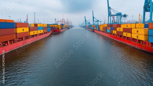 Industrial canal scene with cargo barges and towering cranes in a misty atmospheric urban landscape  Shipping and logistics infrastructure amidst a moody foggy backdrop