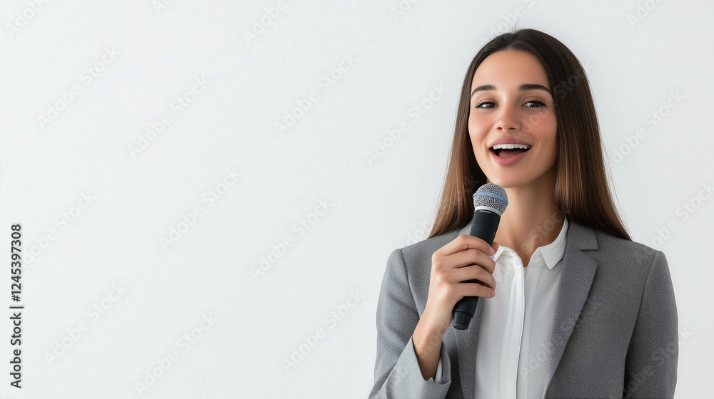 A confident businesswoman holding a microphone, delivering a speech on a white background. Perfect for leadership, public speaking, corporate events, and presentations. A confident businesswoman holding a microphone, delivering a speech on a white background. Perfect for leadership, public speaking, corporate events, and presentations.