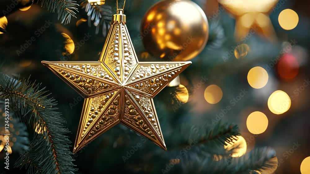 Golden star ornament on festive christmas tree with bokeh lights