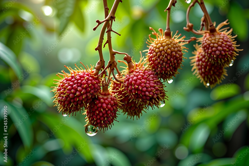Lush Red Rambutan Fruit Cluster on Branch Dew Drops Tropical Nature Closeup Lush Red Rambutan Fruit Cluster on Branch Dew Drops Tropical Nature Closeup
