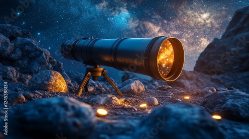 A lightweight telescope set against a vivid Milky Way, overlooking rolling mountain ranges