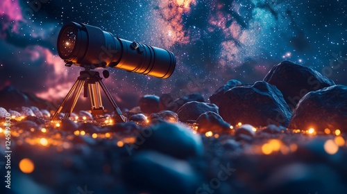 A lightweight telescope set against a vivid Milky Way, overlooking rolling mountain ranges photo