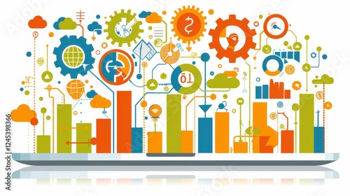 Abstract infographic design featuring colorful gears, bar charts, and interconnected icons highlighting smart advertising strategies and innovative marketing techniques in a minimalist digital style.