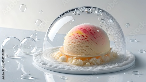 Ice Cream Sphere Under Glass Dome: A single scoop of peach ice cream, nestled in a bed of delicate, fluffy texture, sits protected within a pristine glass dome, surrounded by playful bubbles. photo