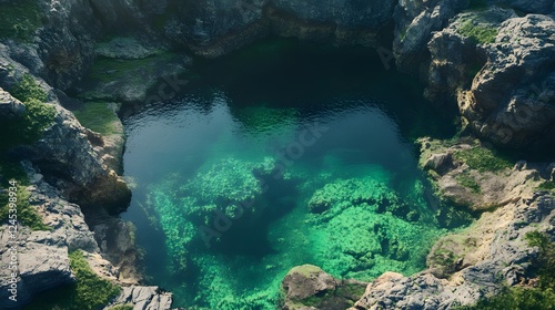 Clear turquoise water shimmering, rocky landscape surrounding serene natural spring, tranquil atmosphere perfect for relaxation.