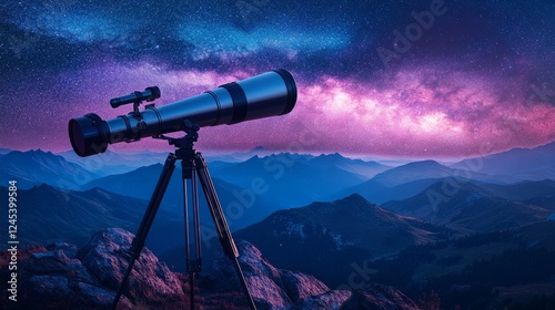 A polished silver telescope capturing the Milky Way galaxy's core, overlooking a scenic mountain valley