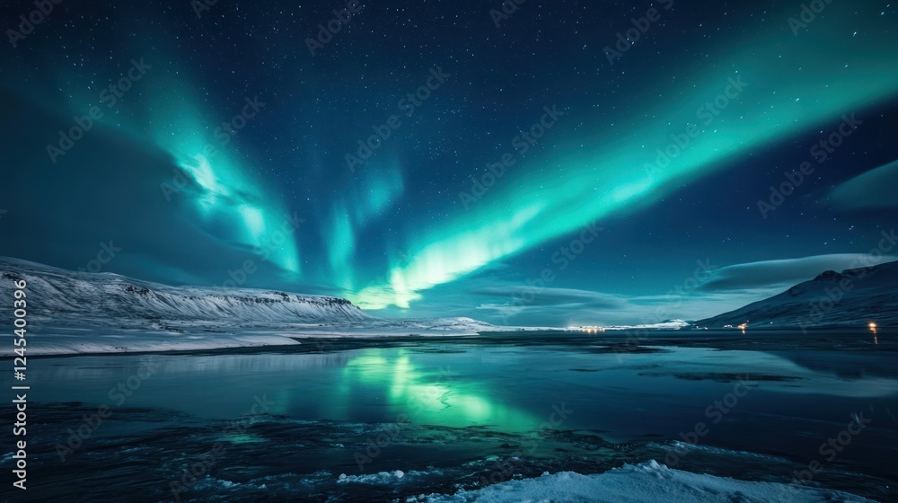 Aurora Borealis over a Frozen Lake in Iceland Aurora Borealis over a Frozen Lake in Iceland