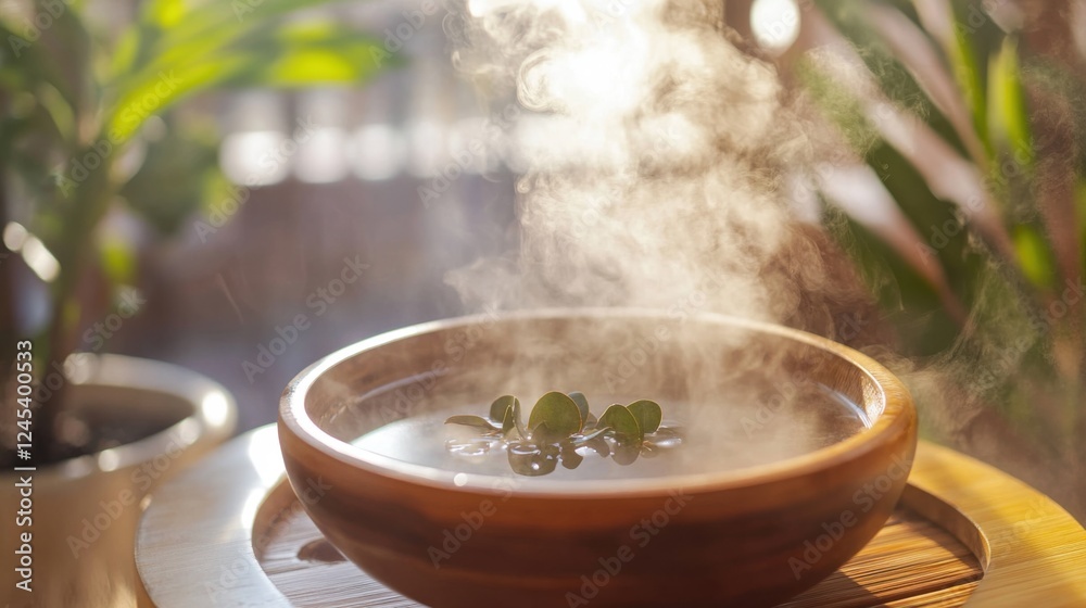 Close-up of a warm bowl with eucalyptus-infused water and rising steam, creating a tranquil spa atmosphere. Relaxation, wellness, and self-care concept. Close-up of a warm bowl with eucalyptus-infused water and rising steam, creating a tranquil spa atmosphere. Relaxation, wellness, and self-care concept.