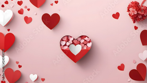 Valentine’s Day Elegant Heart – Red Ribbon Heart Shape on Background Romantic Heart Frame with Floral & Filigree