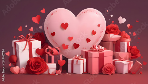 Valentine’s Day Elegant Heart – Red Ribbon Heart Shape on Background Romantic Heart Frame with Floral & Filigree