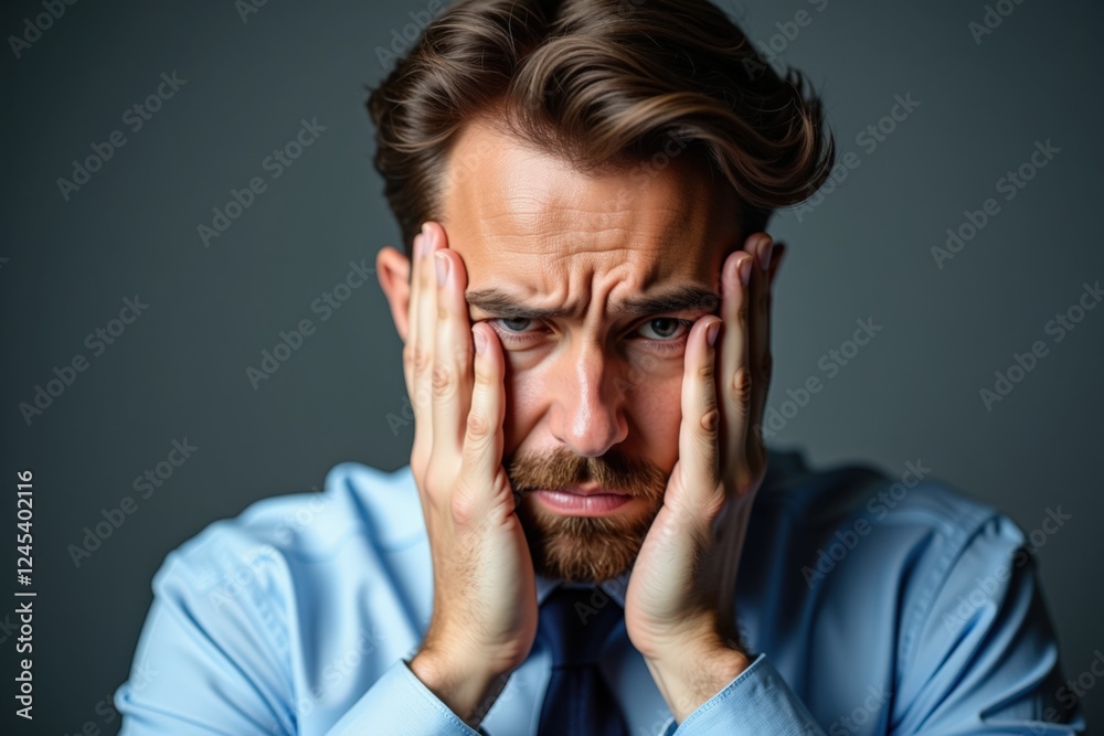 A Close-Up Portrait of a Distressed Man in Formal Attire, Depicting Emotional Strain and Anxiety in an Indoor Setting A Close-Up Portrait of a Distressed Man in Formal Attire, Depicting Emotional Strain and Anxiety in an Indoor Setting