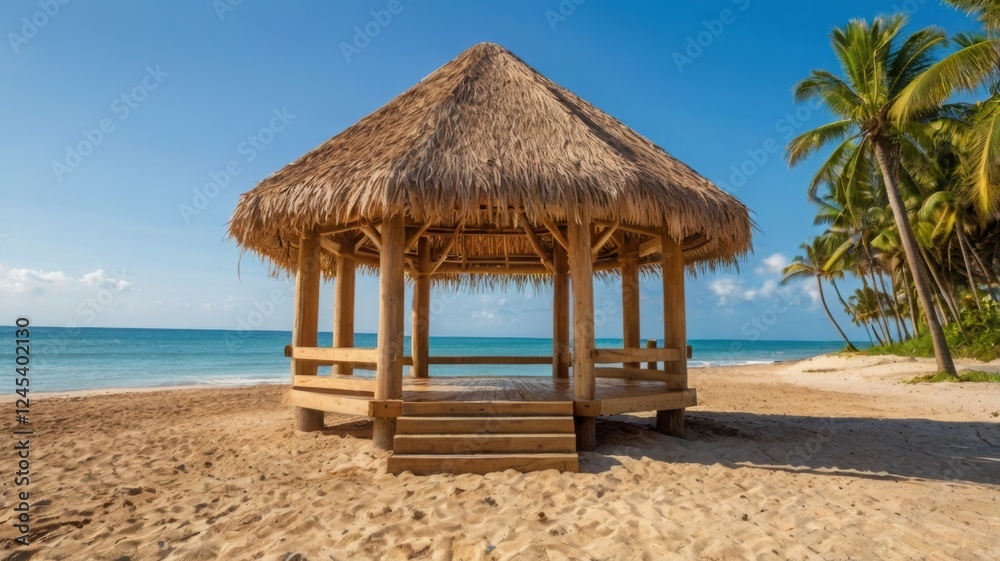 A tropical beach gazebo with a straw roof and wooden pillars A tropical beach gazebo with a straw roof and wooden pillars