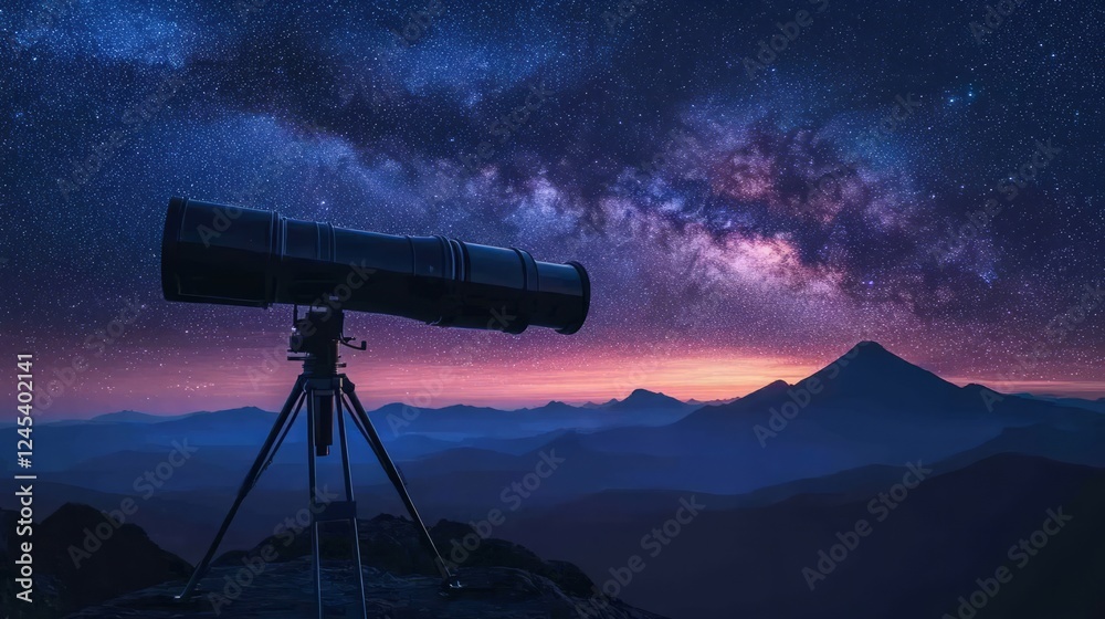 A rugged outdoor telescope amidst boulders, pointing towards the Milky Way's cosmic brilliance A rugged outdoor telescope amidst boulders, pointing towards the Milky Way's cosmic brilliance