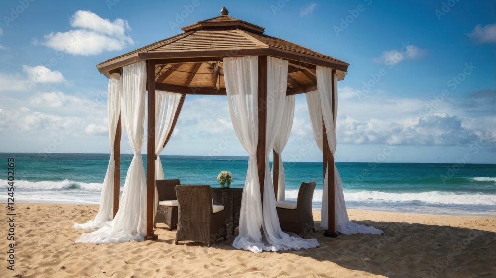 A modern beachside gazebo with white curtains flowing in the ocean breeze. A modern beachside gazebo with white curtains flowing in the ocean breeze.