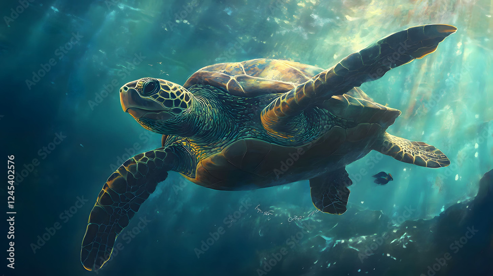 Fototapeta premium Majestic Sea Turtle Underwater: A Digital Painting