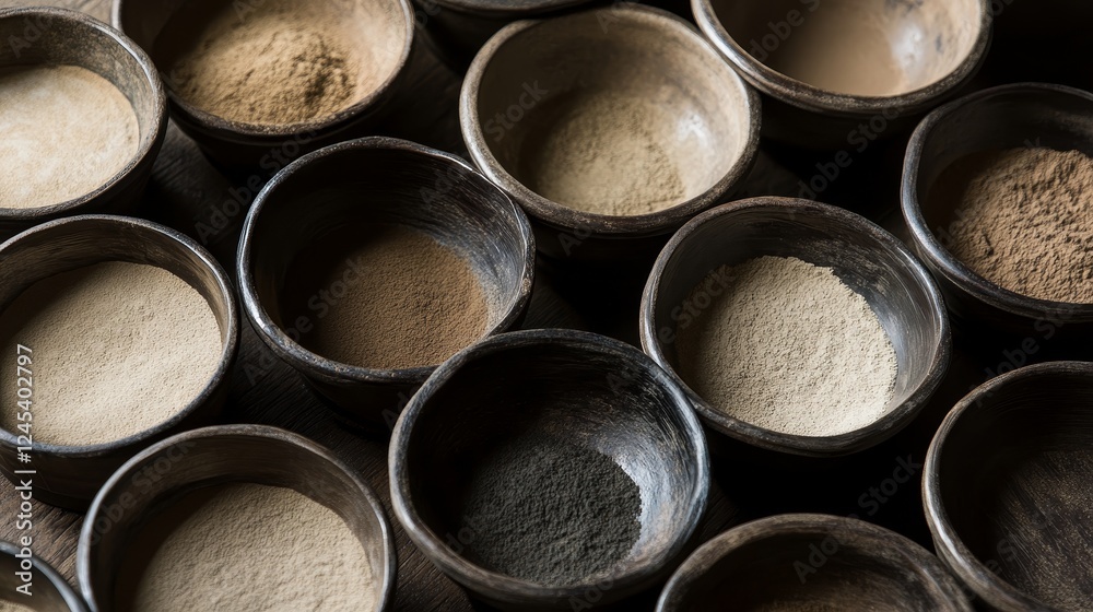 Assorted clays in rustic bowls displayed for creative and craft purposes Assorted clays in rustic bowls displayed for creative and craft purposes