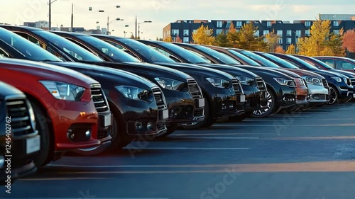 A row of cars are parked in a lot, with the red car being the most prominent. The cars are all different colors and sizes, but they all have one thing in common: they are parked in a lot.