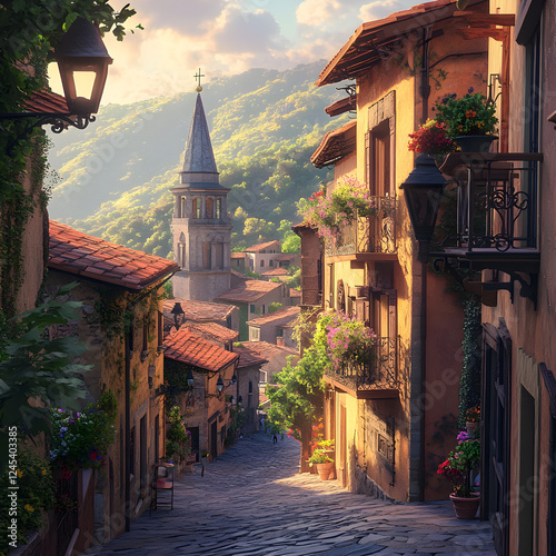 Charming European Village with Cobblestone Streets and Historic Buildings Nestled in Verdant Hills During Late Afternoon