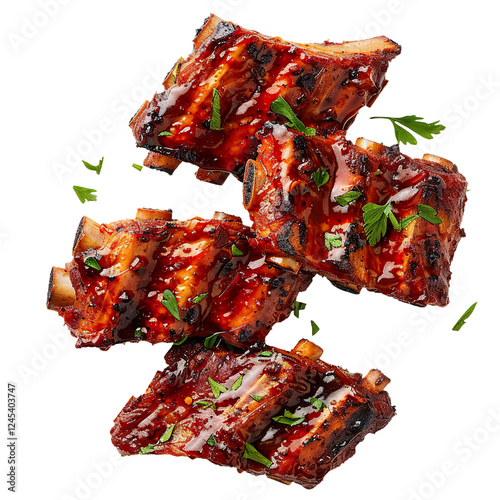 Grilled pork ribs glazed with barbecue sauce and garnished with fresh herbs, top view, isolated on white background photo