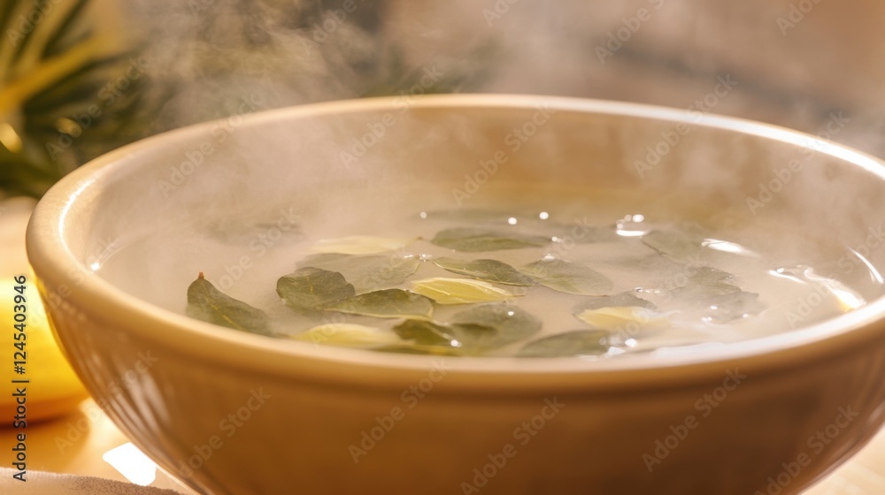 Close-up of a warm bowl with eucalyptus-infused water and rising steam, creating a tranquil spa atmosphere. Relaxation, wellness, and self-care concept. Close-up of a warm bowl with eucalyptus-infused water and rising steam, creating a tranquil spa atmosphere. Relaxation, wellness, and self-care concept.