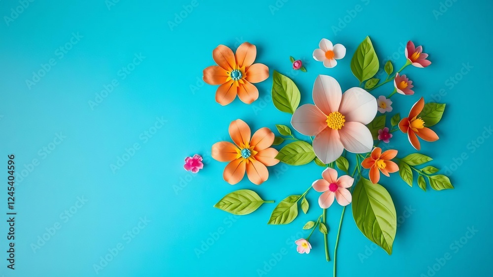 Multicolored paper cut flowers with green leaves on blue background, decorative, spring, summer Multicolored paper cut flowers with green leaves on blue background, decorative, spring, summer
