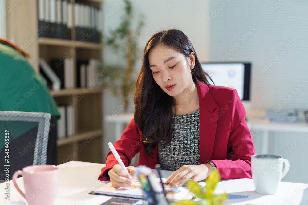 Asian businesswoman working at desk taking notes in notebook in modern office Asian businesswoman working at desk taking notes in notebook in modern office