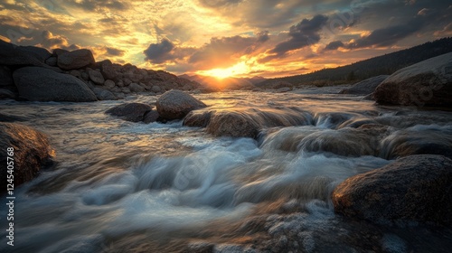 Sunset over mountain river, smooth water flow