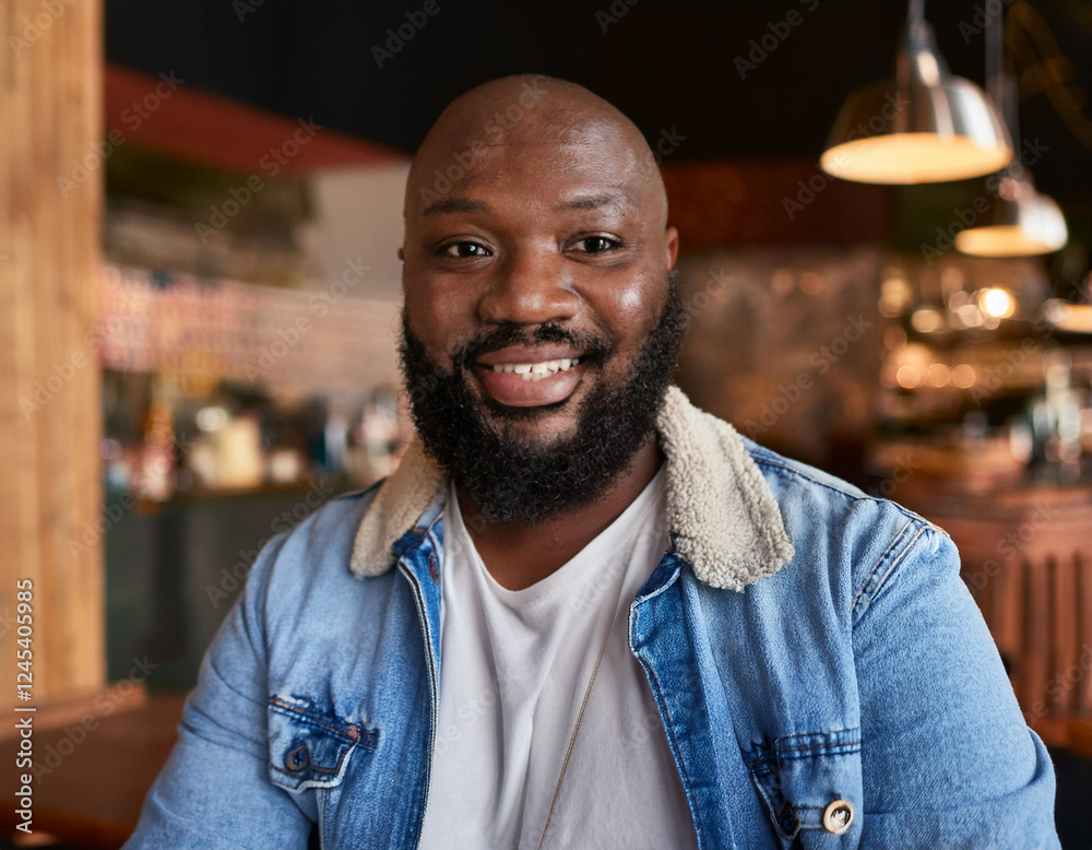 African American man smiling in coffee shop African American man smiling in coffee shop