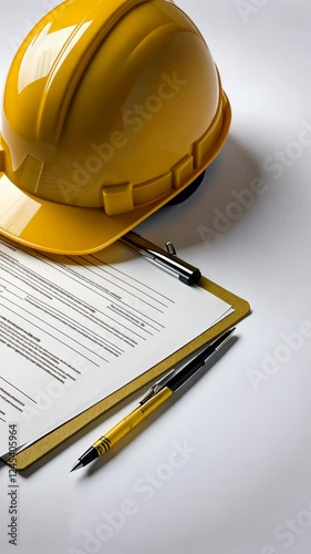 Construction helmet and clipboard with documents on a work surface for project planning