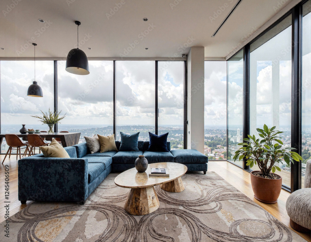 Fototapeta premium Urban Elegance: A Stylish Living Room with City Skyline Views