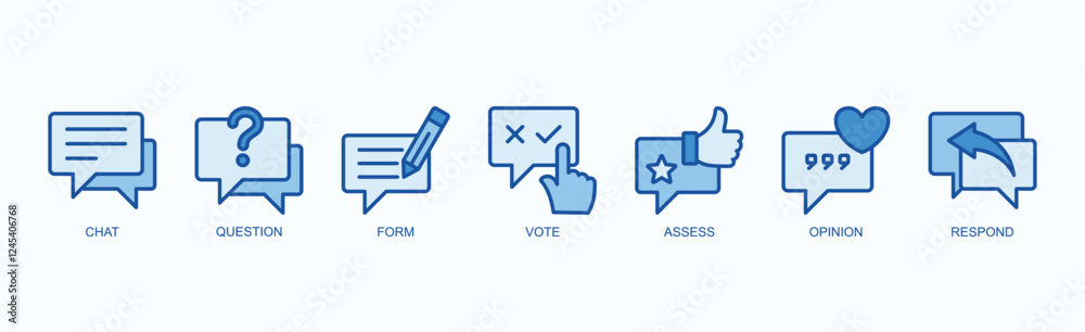 Interactive Insights Icon Set Isolated Vector Illustration Concept With Icon Of Chat, Question, Form, Vote, Assess, Opinion, Respond In Blue Style Interactive Insights Icon Set Isolated Vector Illustration Concept With Icon Of Chat, Question, Form, Vote, Assess, Opinion, Respond In Blue Style