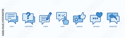 Interactive Insights Icon Set Isolated Vector Illustration Concept With Icon Of Chat, Question, Form, Vote, Assess, Opinion, Respond In Blue Style