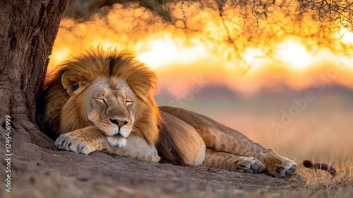 Obraz na płótnie Majestic lion resting under acacia tree at sunset, African savanna w salonie