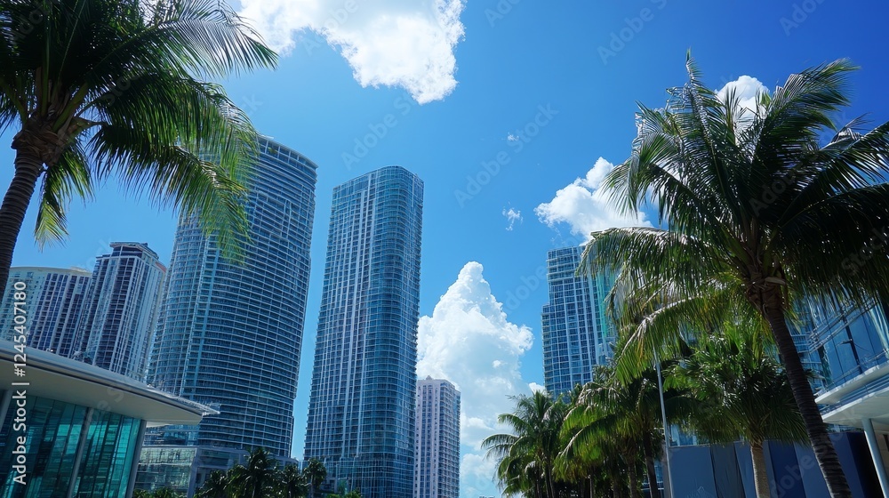 Skyscrapers and palm trees against blue sky in downtown cityscape Skyscrapers and palm trees against blue sky in downtown cityscape