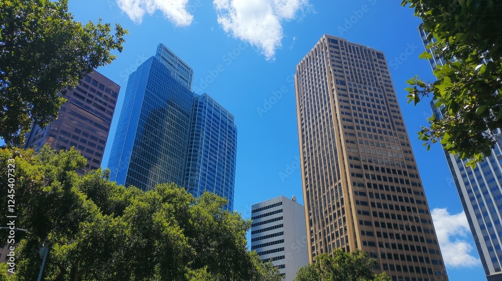Modern skyscrapers against clear blue sky with green foliage in urban setting Modern skyscrapers against clear blue sky with green foliage in urban setting