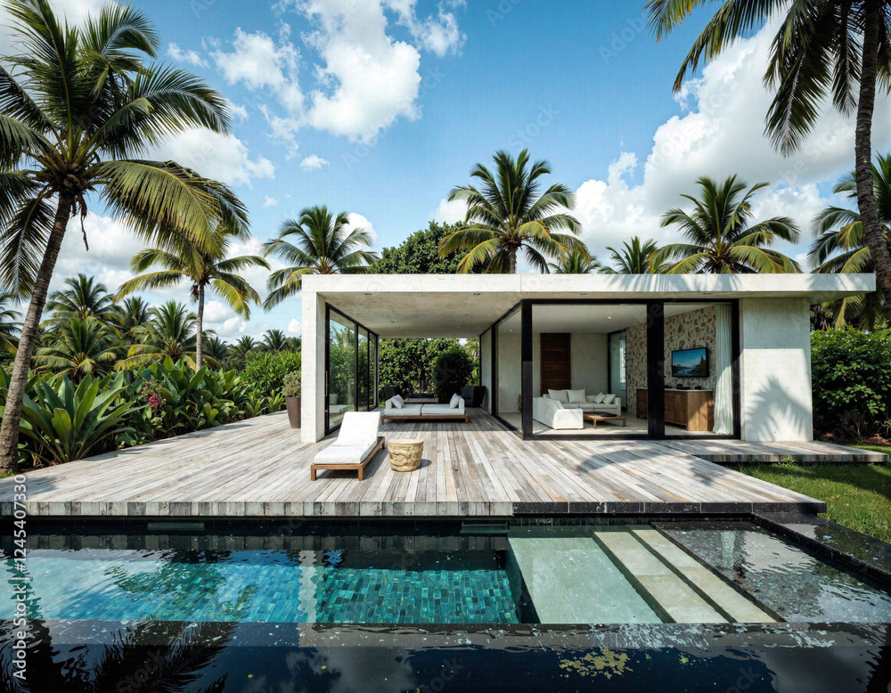 Fototapeta premium Modern Oasis: A Luxurious Poolside Retreat with Stunning Ocean Views