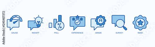 Metric Minds Icon Set Isolated Vector Illustration Concept With Icon Of Gauge, Insight, Poll, Experience, Grade, Survey, Rank In Blue Style