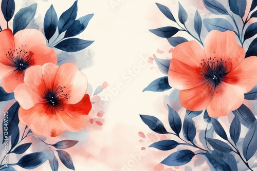 Watercolor painting featuring blooming red flowers and blue leaves