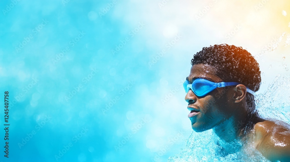 Young swimmer in blue goggles splashing through clear water on a sunny day, showcasing determination