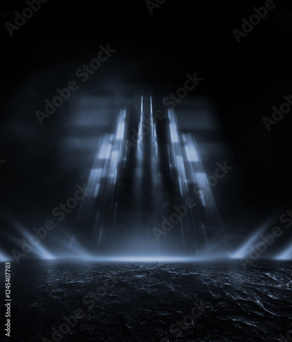 3D Rendering abstract empty warp gate street scene background with abstract spotlights elegant futuristic light and reflection.