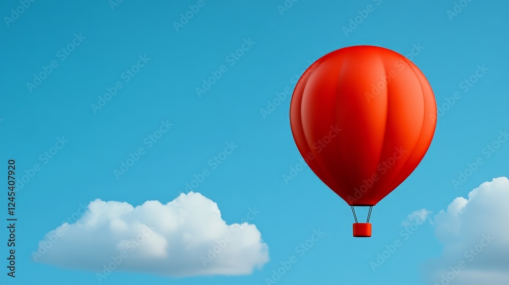 Fototapeta premium Red Hot Air Balloon's Journey: A vibrant red hot air balloon gracefully ascends against a brilliant blue sky, accented by fluffy clouds. Capturing the sense of adventure.