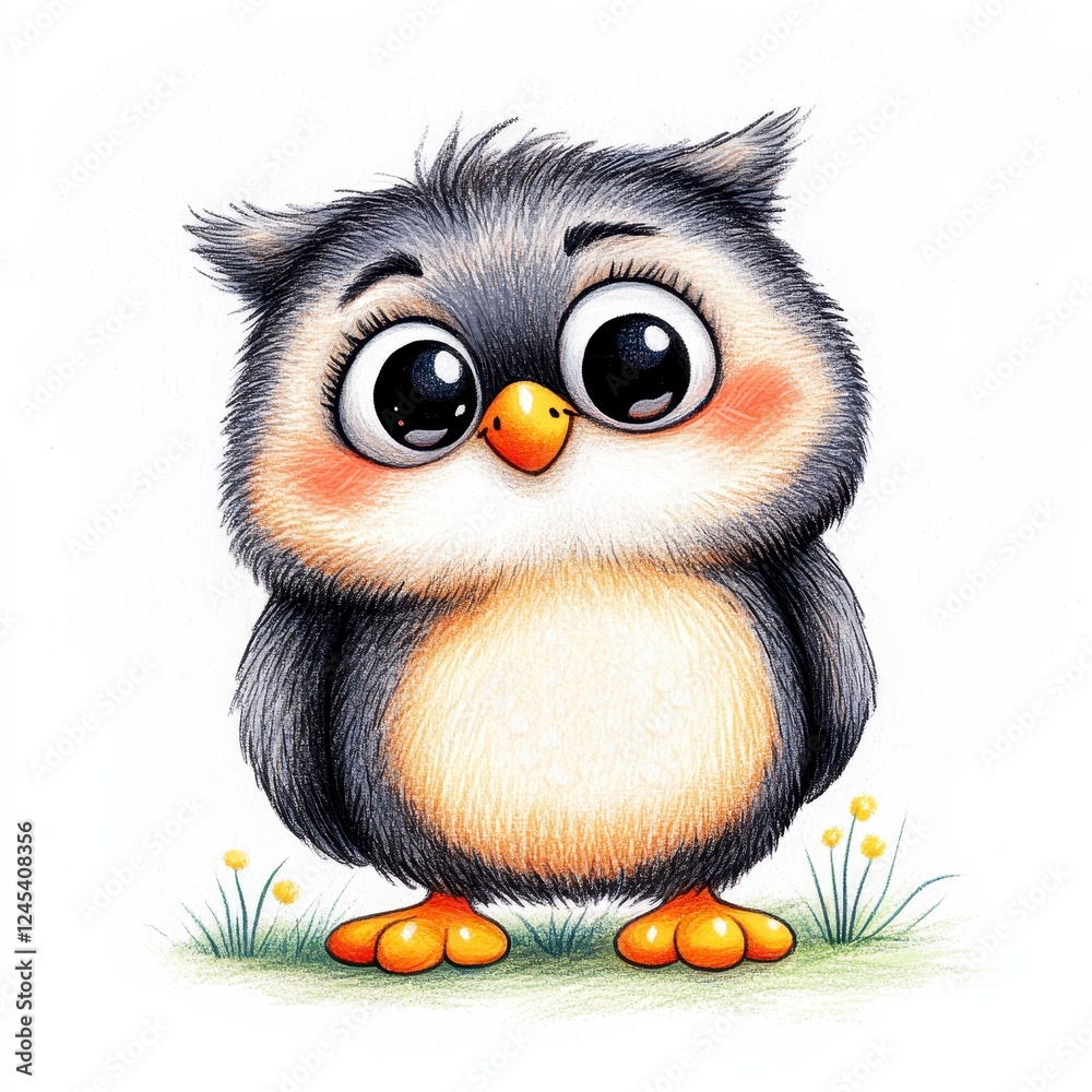 Fototapeta premium Adorable Gray and Tan Cartoon Owl with Large Eyes Standing in Green Grass