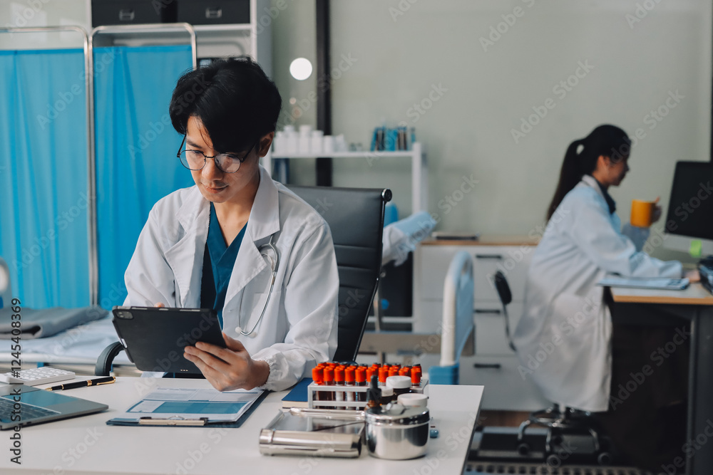 Fototapeta premium Positive doctor working on laptop in medical office, portrait.